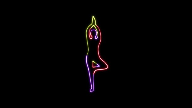 Yoga neon sign animation. Neon glowing sign of yoga exercise animation. Yoga collection in neon style animation. Lotus, flat stones and balance. neon glowing yoga sign.