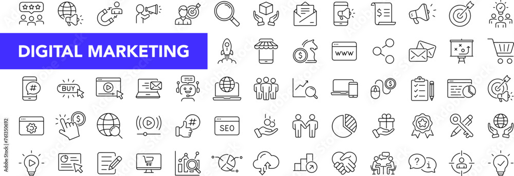 Poster digital marketing icon set with editable stroke. marketing thin line icon collection. vector illustr