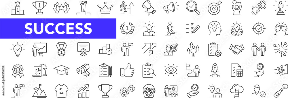 Poster success icon set with editable stroke. goals and target thin line icon collection. vector illustrati