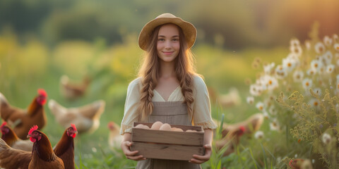 Smiling young girl with braids holding a basket of eggs among chickens