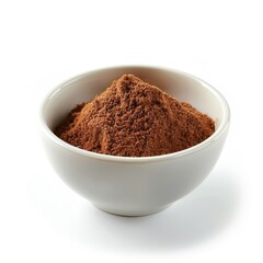 Close-up of ground cinnamon in a white bowl, isolated on a white background.