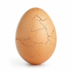 A close-up photo of a cracked brown egg on a white background. The egg has jagged cracks along its shell.