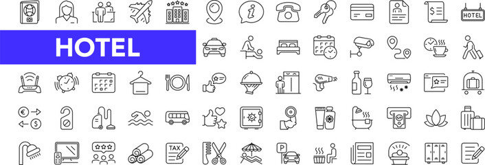 Hotel icon set with editable stroke. Hotel and vacation thin line icon collection. Vector illustration