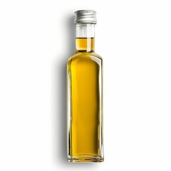 A clear glass bottle filled with light yellow olive oil rests on a white background. The bottle has a cork stopper and a label.
