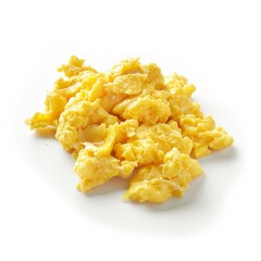 Close-up of scrambled eggs on a white background, well-cooked and fluffy.