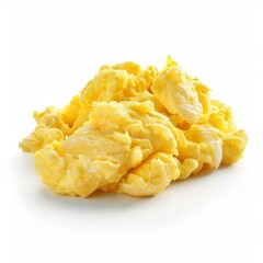 Close-up of scrambled eggs on a white background, well-cooked and fluffy.