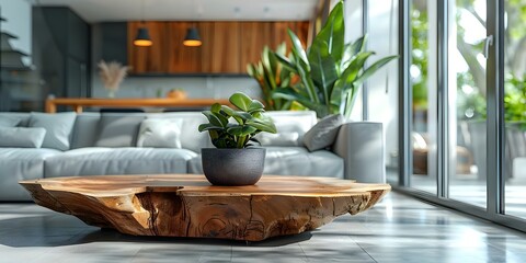Modern interior featuring a centerpiece of large driftwood as main focal point. Concept Modern Interior Design, Driftwood Decor, Focal Point, Nature-Inspired, Contemporary Aesthetics