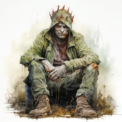 Fototapeta premium Watercolor zombie king sitting, clipart Illustration, Generative Ai