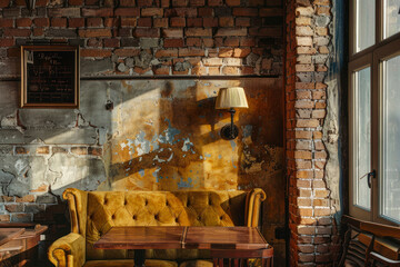 Old interior with brick wall.