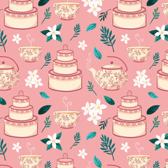 Pink teapot, cake and cup seamless repeat pattern print background