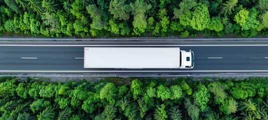 Aerial drone view of car and truck driving on road amidst lush green forest scenery © Ilja