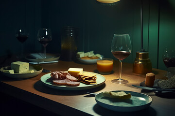 elegant setting with wine, a variety of cheeses, meats, and crackers on the table