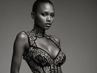 Fashion portrait of an African American model in a bra with beautiful breasts