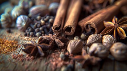  close-up shot of various spices like cinnamon sticks, whole cloves, and star anise arranged artistically on a rustic wooden surface. 