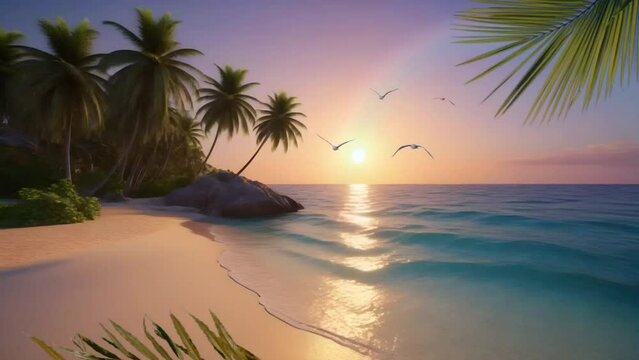 Palm trees on the beach with seagulls and rainbow. Seamless looping time-lapse 4k video animation background