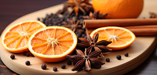 Obraz na płótnie Canvas Orange, Cinnamon, and Star Anise: Autumn Fragrance on Wooden Table