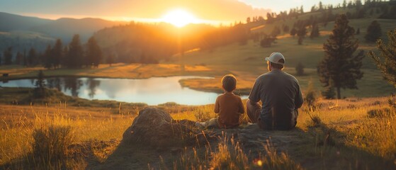 A father and son share a peaceful pause on their hiking trail, overlooking a tranquil lake nestled in the mountains, savoring the golden hour of outdoor travel. - obrazy, fototapety, plakaty