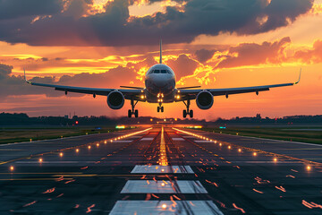 Front view of passenger plane taking off from the airport runway at sunset - obrazy, fototapety, plakaty