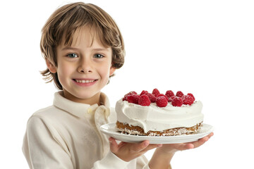 Adorable baby boy holding a cream cake with strawberry toppings wearing a white polo shirt.