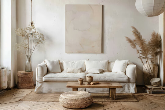 Sal&oacute;n en tonos blancos y neutros de estilo mediterr&aacute;neo ibicenco, decorado con gran sof&aacute; central, mesa de madera, jarrones con plantas de interior, cuadro abstracto y Elementos sostenibles y naturales
