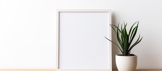 A rectangular picture frame is displayed next to a houseplant in a flowerpot on a wooden table near a window in a building