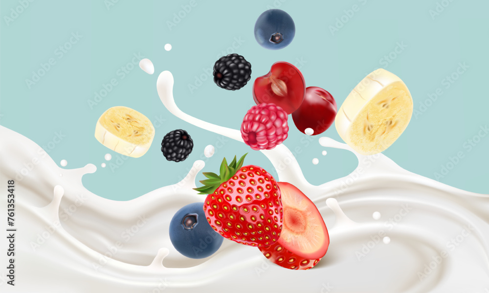 Aufkleber mix berries smoothies fruit with milk splashing of tropical fruits isolated on white background. vec