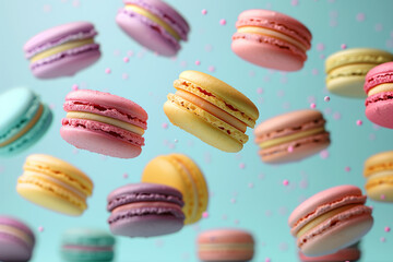 Fototapeta na wymiar Flying different colorfull macarons on pastel background, pink, yellow, purple, green color macaroons