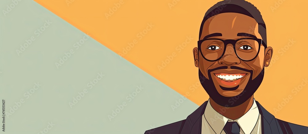 Canvas Prints A man with glasses and a beard is smiling, his eyebrows raised in a friendly gesture. His forehead is smooth, and his tie adds a touch of sophistication to his vision care style