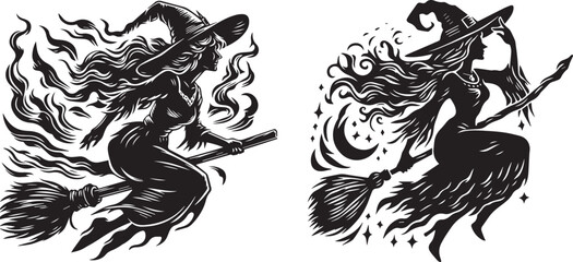 witch flying on broomstick magical silhouette black vector