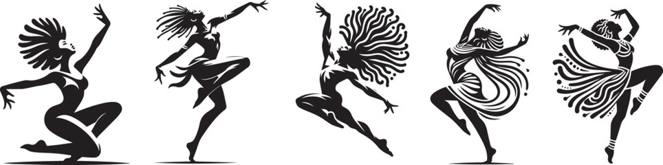 African dancers, rhythmic and vibrant cultural performance, black vector graphic