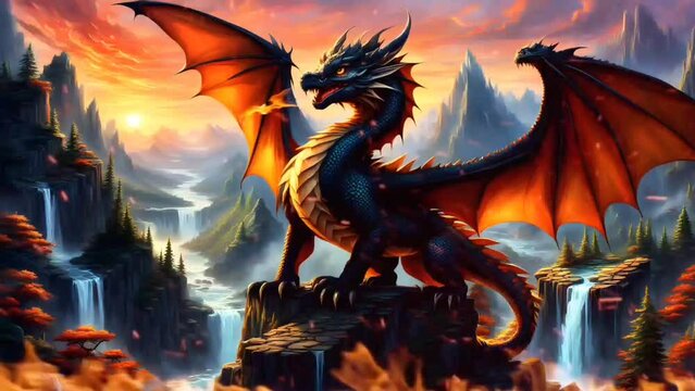 Black dragon and fire in the cliff. Seamless looping time-lapse 4k video animation background