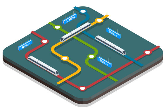 Isometric abstract subway diagram, metro or subway map. Underground way. Subway train collection. Vehicles designed to carry large numbers of passengers.