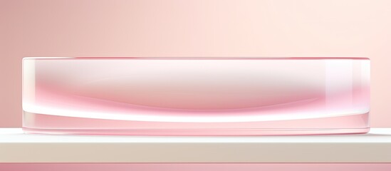 A rectangular clear glass container is displayed on a metal table against a pink background. The contrast of colors creates a striking visual impact