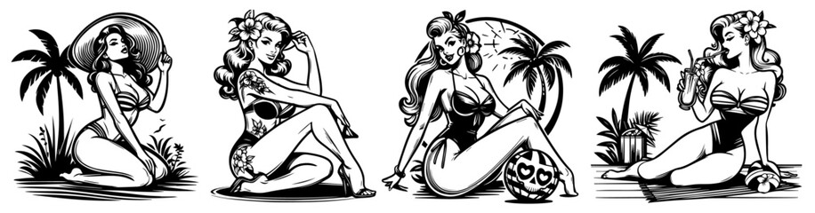 pin-up girls on the beach, tropical beach and palms, black vector