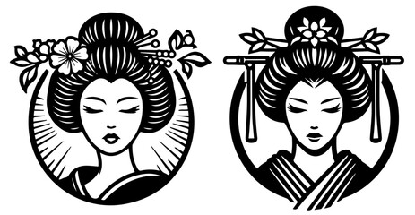 portraits of Japanese geishas, embodiment of beauty, black vector - obrazy, fototapety, plakaty