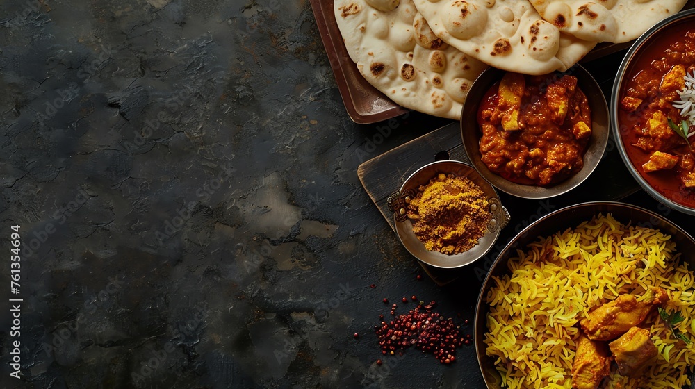 Wall mural a rustic wooden board on a slate surface illustrating indian cuisine, chicken curry, white rice, naa