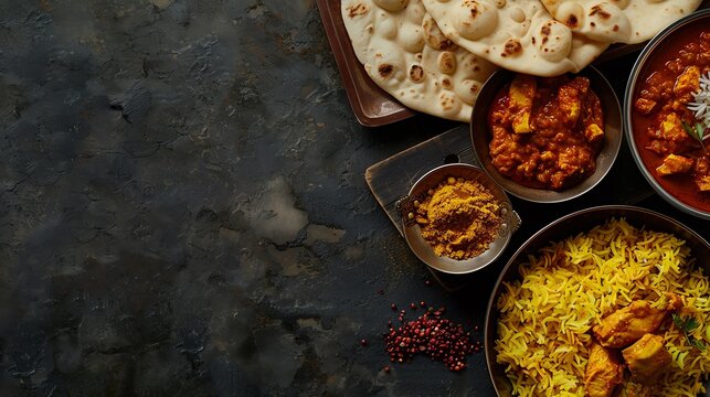 A rustic wooden board on a slate surface Illustrating Indian Cuisine, chicken curry,  white rice, Naan bread, spices with copy space for text