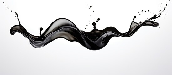 A splash of black liquid resembling hair flows gracefully across a white background, creating a...