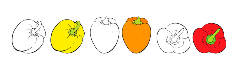 Set Peppers contours and colors plant, hand drawn sketch, icon logo, isolated on white background.