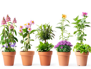Lots of flower pots with different plants on white, collection. Spring and summer concept, flower decoration and gardening.