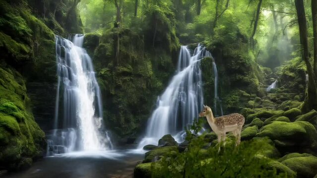 waterfall in the forest with a deer and eagle. Seamless looping time-lapse 4k video animation background