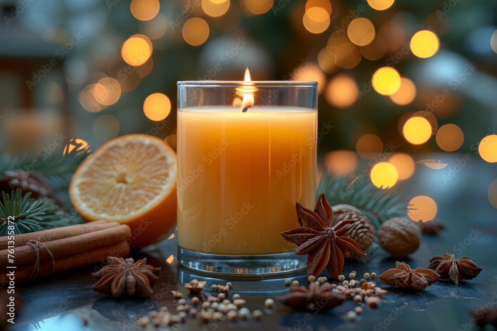 Poster A spice-scented candle infusing the air with warm and aromatic notes, creating a cozy ambiance reminiscent of culinary delights. Concept of spice-inspired home fragrances. Generative Ai.