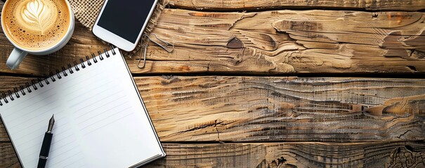 A vector banner with a barista coffee mobile phone, notebook and pen on a rustic wooden background. Copy space for text