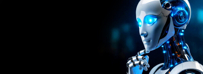 Closeup of a humanoid robot while he is thinking on a dark background with copy space. Artificial intelligence concept. Generative Ai.