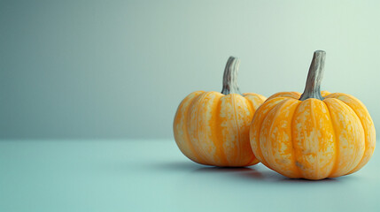 Two orange pumpkin isolated on pale blue teal background, side view. Thanksgiving or Halloween food banner with lots of copy space.
