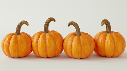Row of orange pumpkin isolated on pale white background, side view. Thanksgiving food banner with lots of copy space.