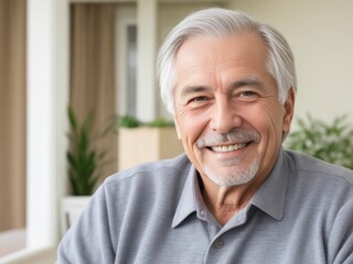Portrait of a senior man with grey hair and a bright smile