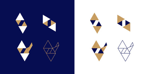 Arrow, triangle, 3D negative space, blue and beige symbols for movement, letters A and W