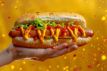 A hand holds a hot dog, in which sausage, lettuce, mustard, ketchup, pickles are flying on a yellow background