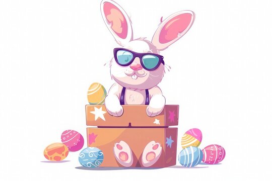 recommend clip art: Cute Cartoonish Easter Bunny with sunglasses sitting on a box with easter eggs. Funny Easter holiday and celebration concept. Colorful clip art.